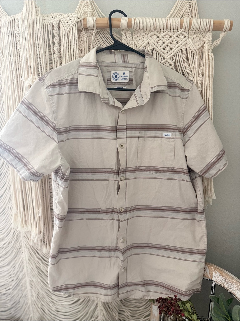 Hurley Beige Short-Sleeve Button-Up Shirt with Brown Stripes